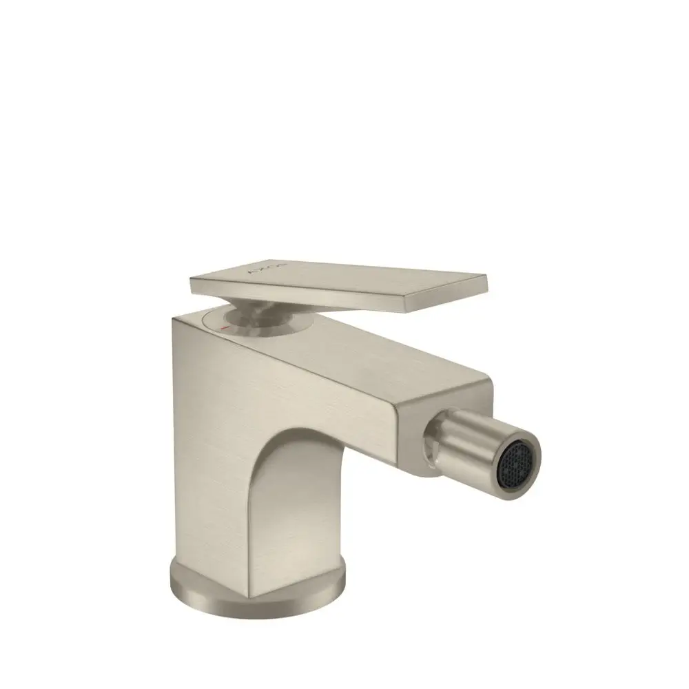 Citterio Einhebel-Bidetmischer mit Hebelgriff und Zugstangen-Ablaufgarnitur in gebürstetem Nickel von AXOR. Geometrisches Design mit abgerundetem Wasserhahn und Bedienhebel.